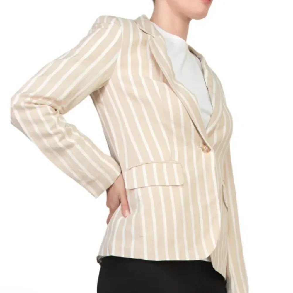 NEW Philosophy SZ L Stripe Notch Collar Long Sleeve Linen Blend Blazer Tan - Picture 2 of 12